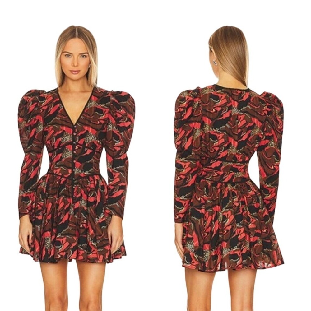 CleoBella Reagan NWT Mini Dress Size 4 Canyon Rust Brown Black Puff Sleeve,VNeck
